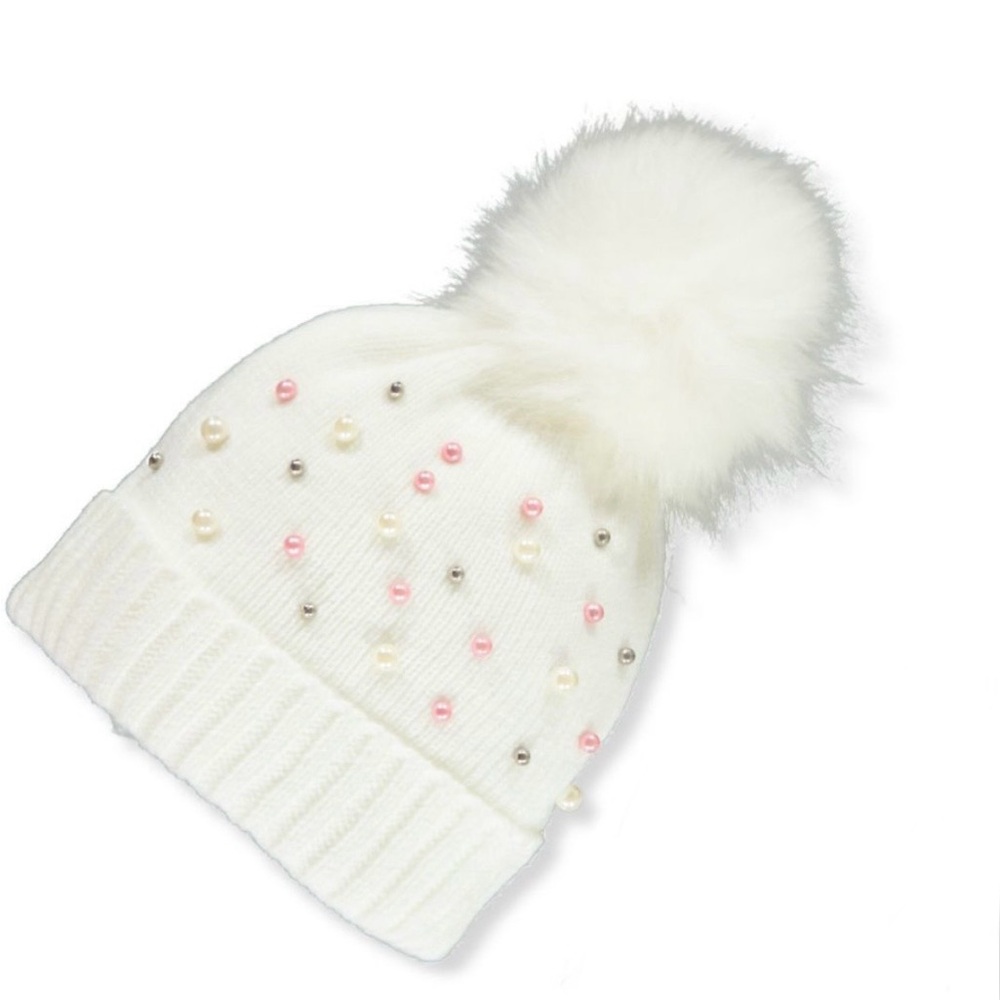 White Knit Beanie with Pom Pom and Pearls